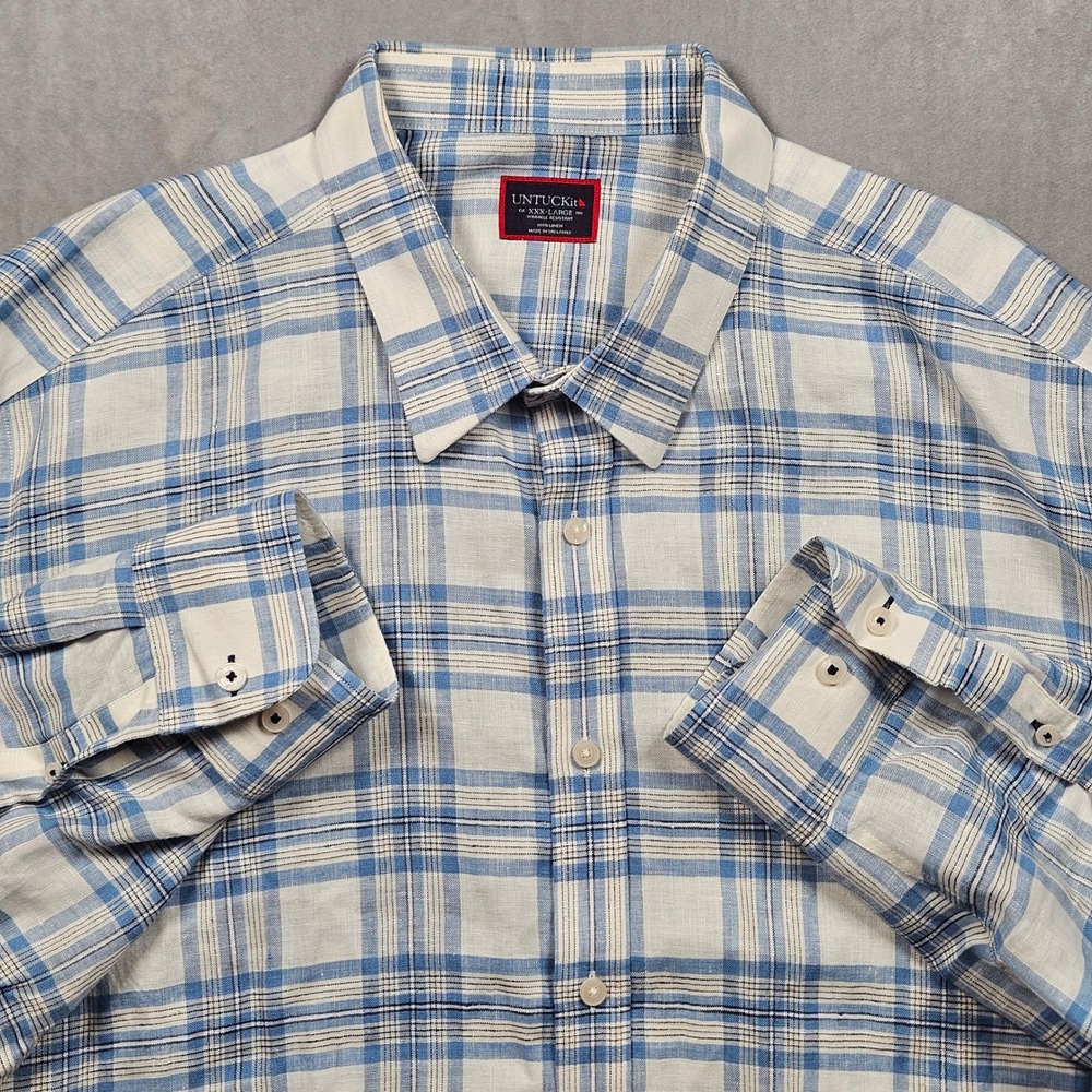 UNTUCKit Shirt Mens 3XL 100% Linen White Blue Plaid Long Sleeve Button Up Beach